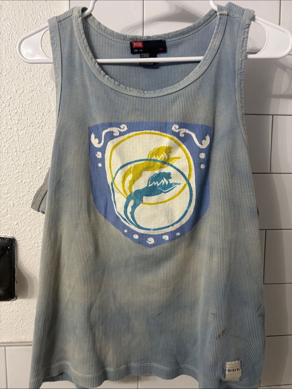 Diesel Vintage Light Blue Acid washed Graphic Tank Top with Yellow & Blue Print
